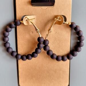 Black Beaded Hoop Earrings Gold Tone Latch Back 1.5" NWT Boho Statement 1980's